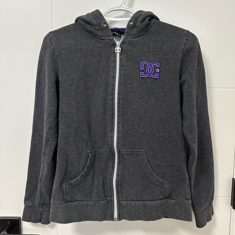 DC zip up hoodie grey with purple accents